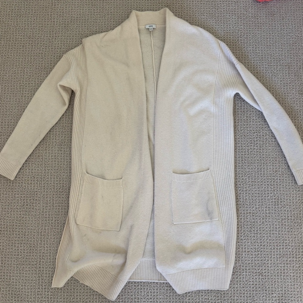 Vince Cream Open-Front Long Cardigan with Pockets